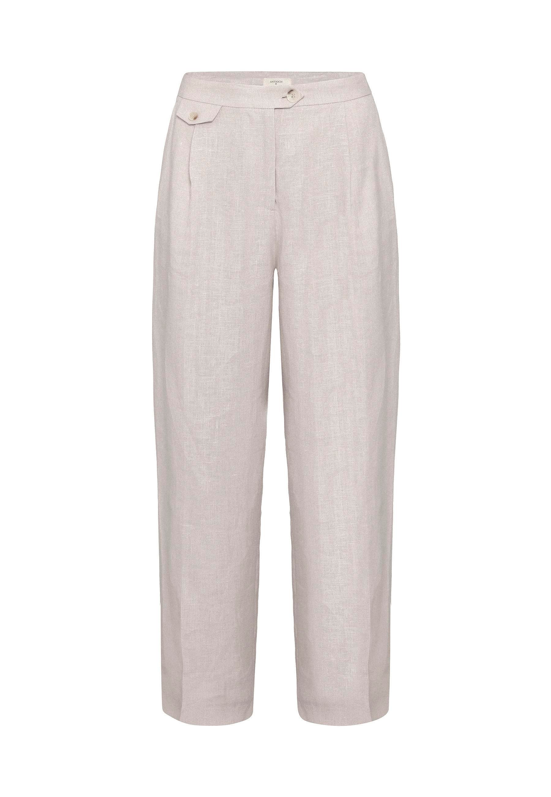 Antioch Bej 100% Keten Yüksek Bel Pilili Kadın Pantolon