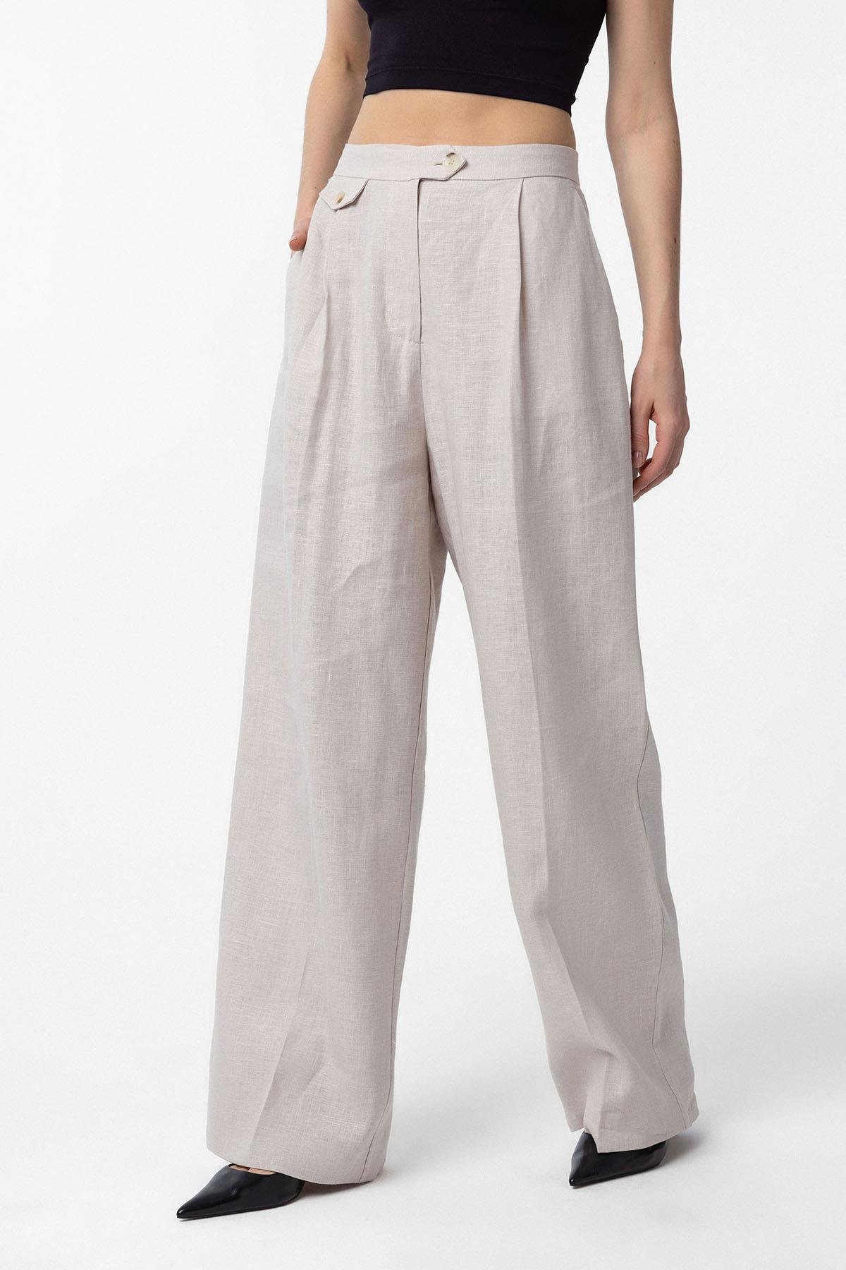Antioch Bej 100% Keten Yüksek Bel Pilili Kadın Pantolon