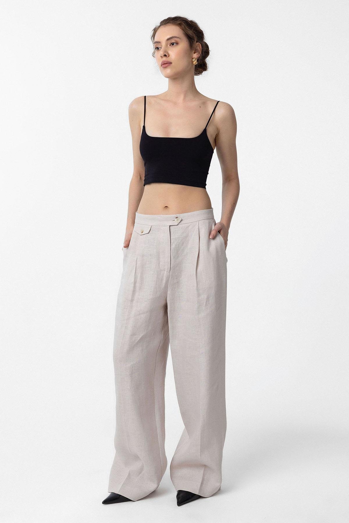 Antioch Bej 100% Keten Yüksek Bel Pilili Kadın Pantolon