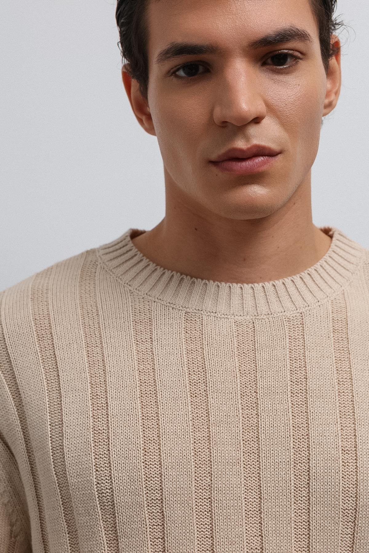 Antioch Bej 100% Pamuk Fitilli Erkek Kazak