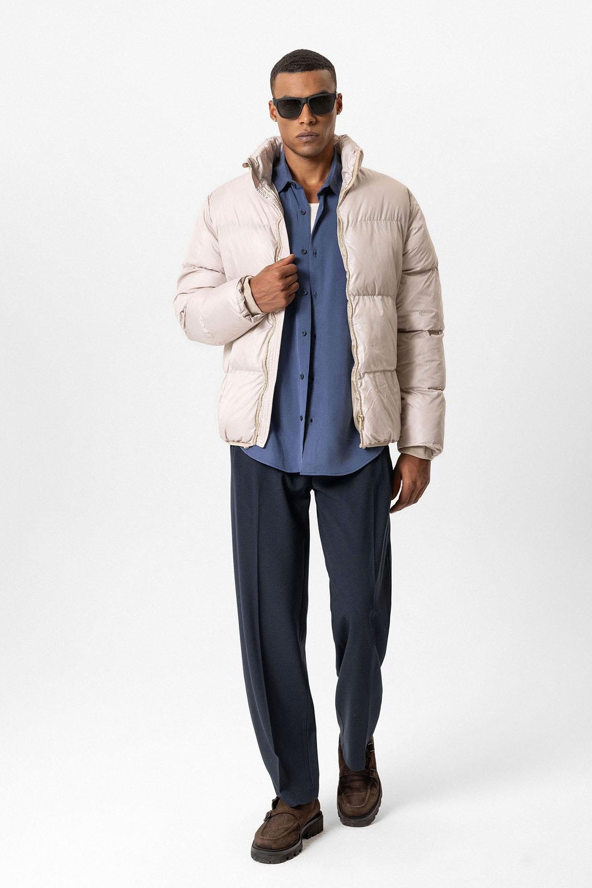 Antioch Bej Dik Yaka Kauçuk Şişme Mont