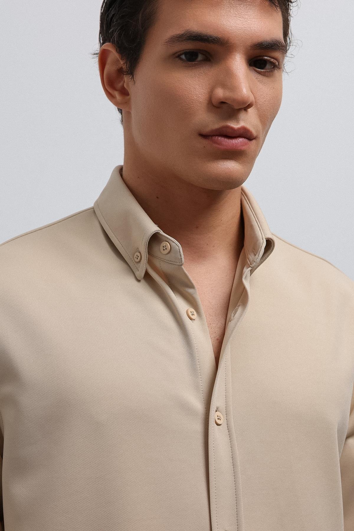 Antioch Bej Düğmeli Yaka Relax Fit Erkek Gömlek