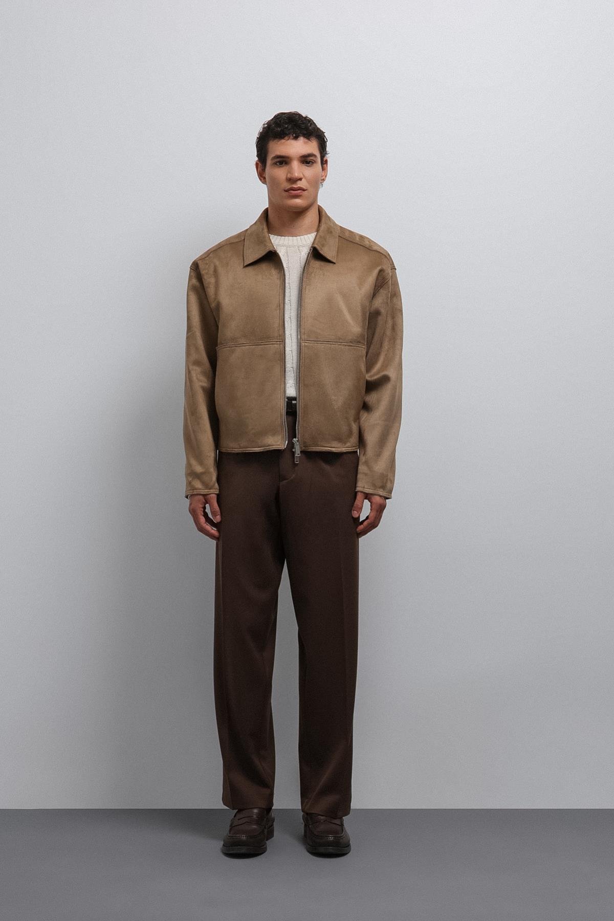 Antioch Bej Fermuarlı Suni Süet Erkek Mont