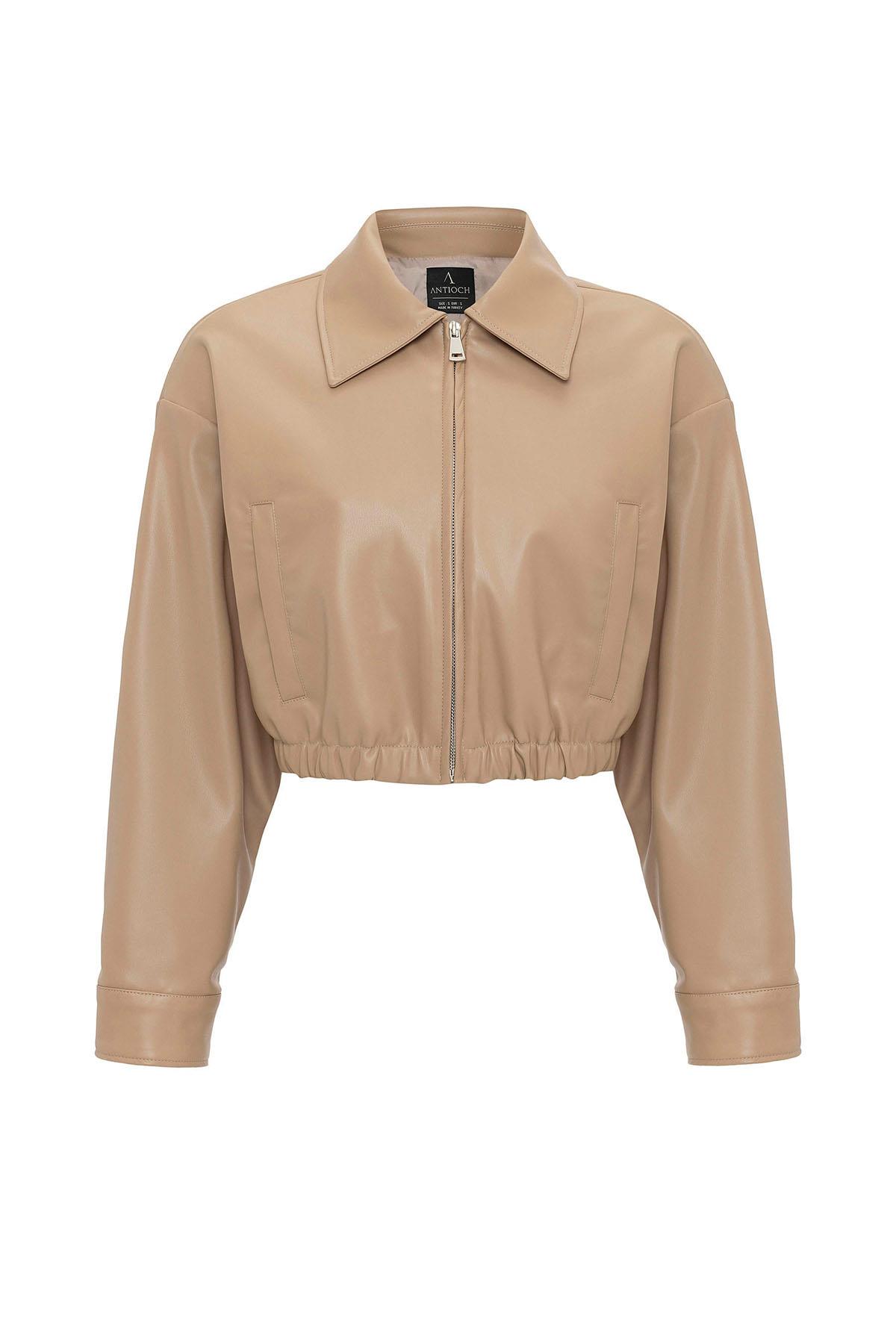 Antioch Bej Kadın Bel Lastikli Suni Deri Mont