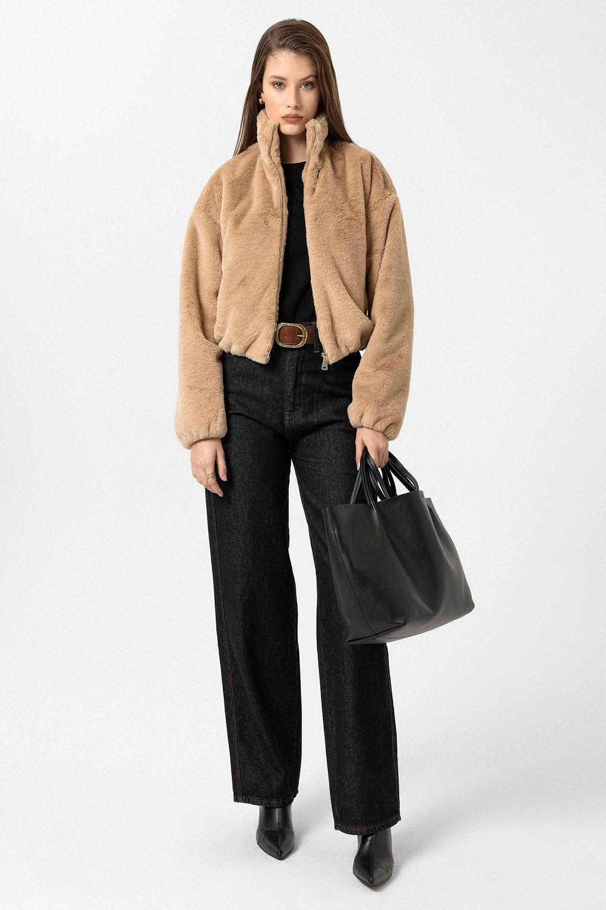 Antioch Bej Kadın Bel Lastikli Suni Kürk Mont