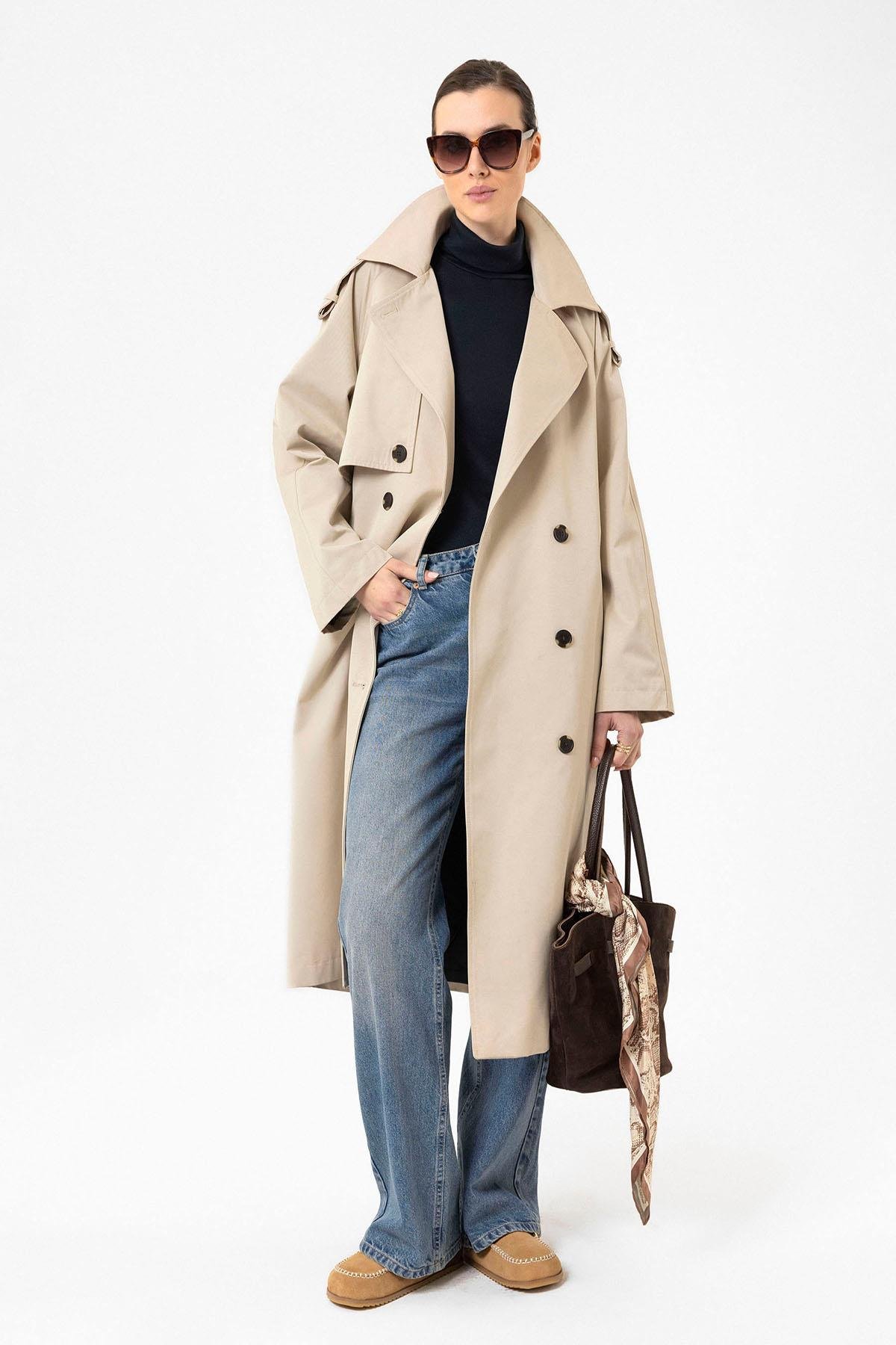 Antioch Bej Kadın Kemerli Uzun Trençkot