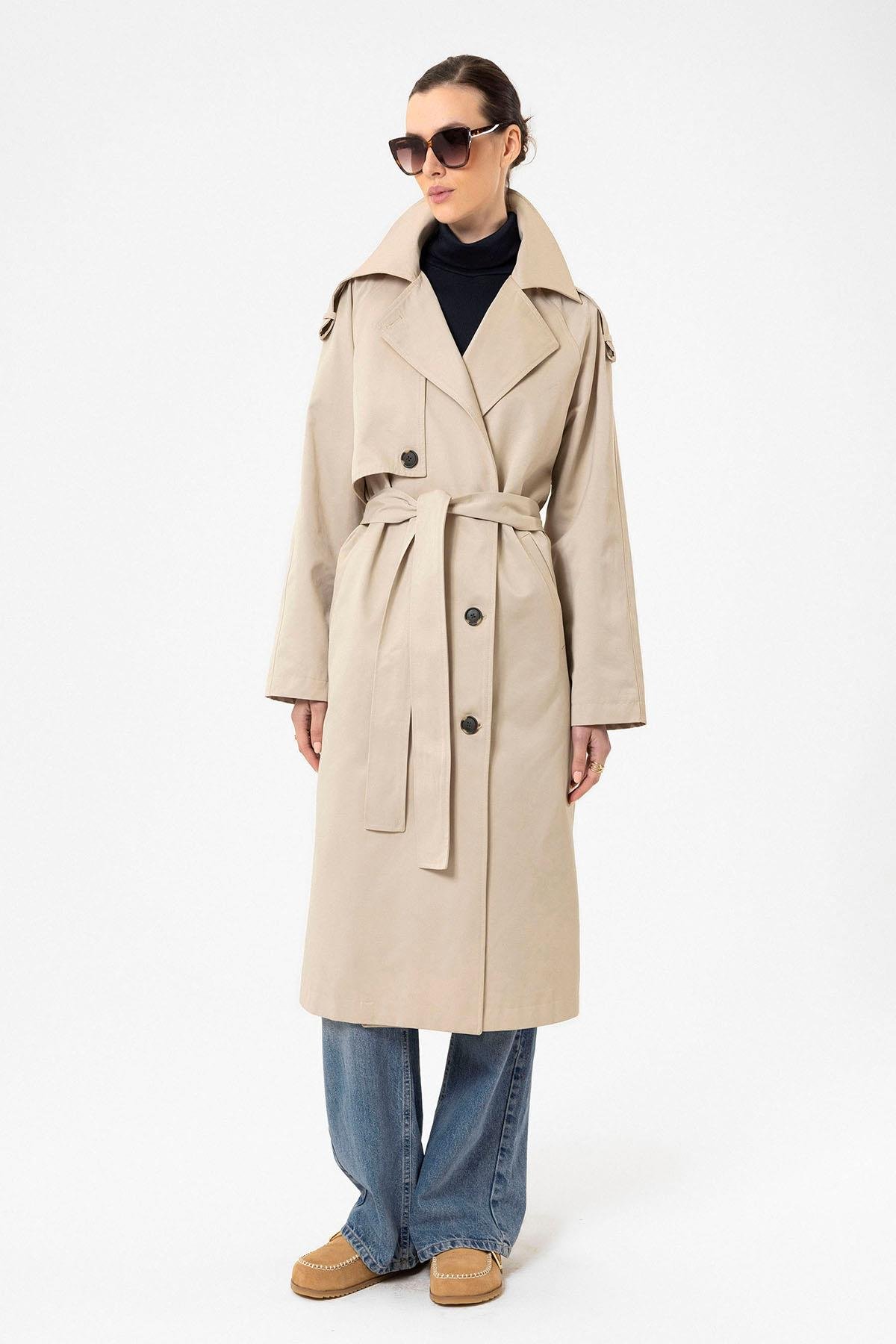 Antioch Bej Kadın Kemerli Uzun Trençkot