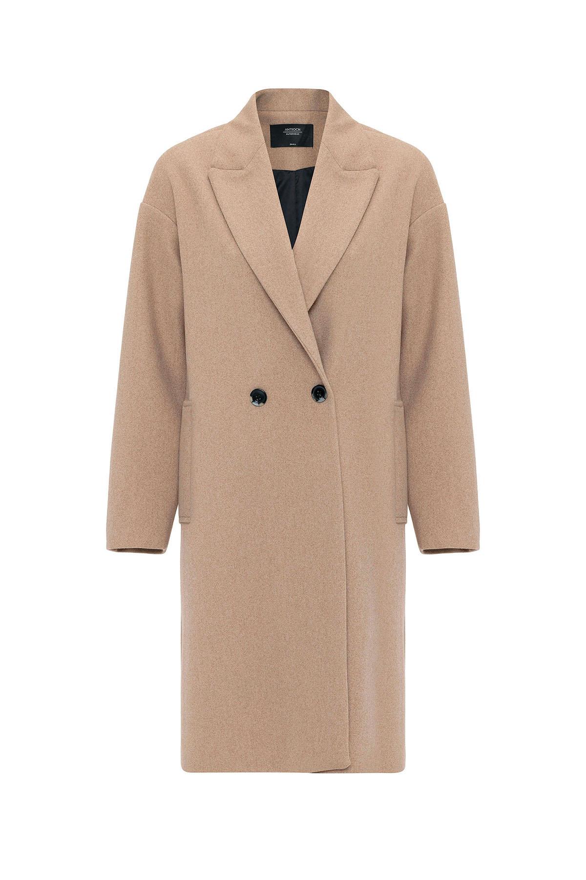 Antioch Bej Kadın Kruvaze Kapama Oversize Kaban