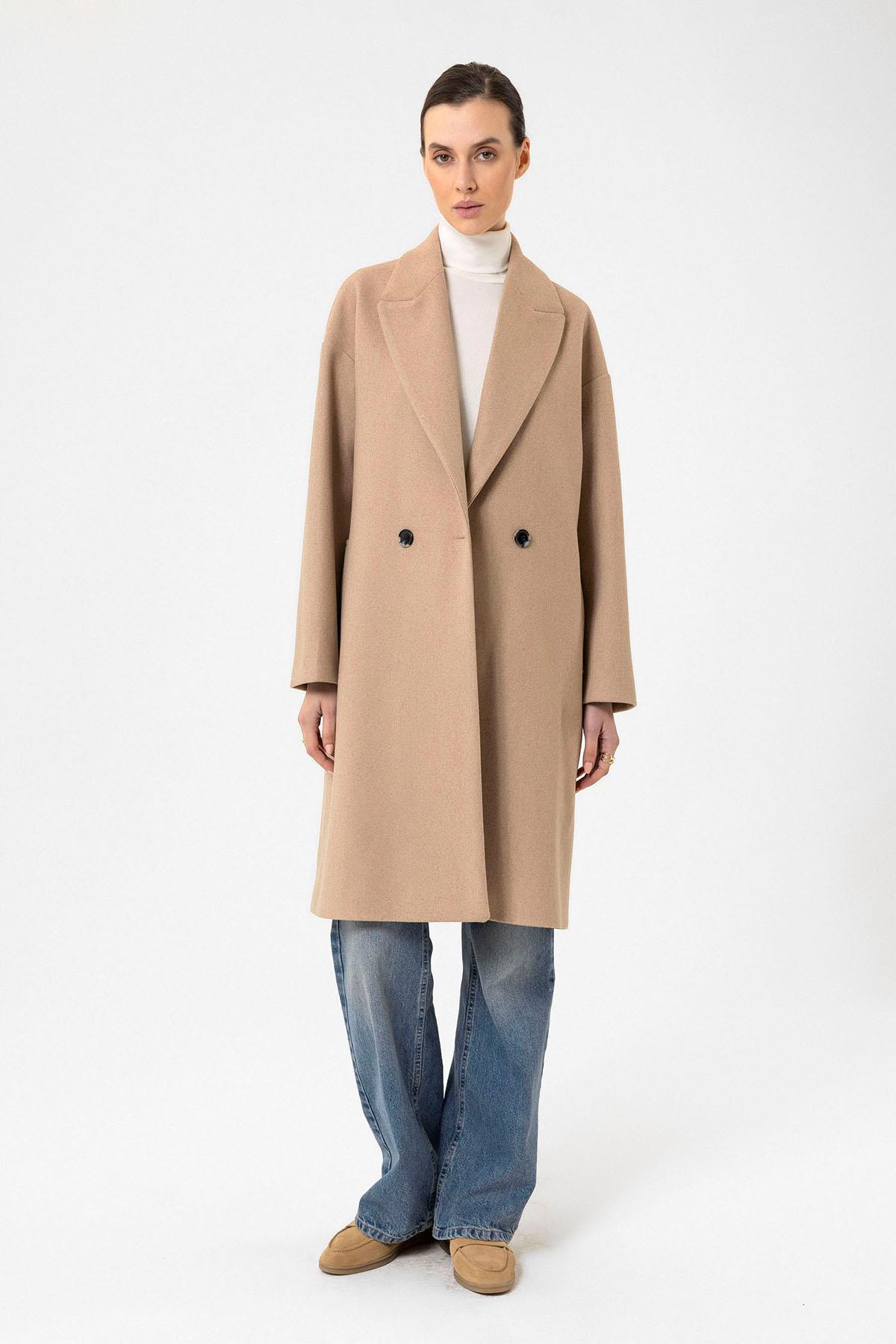 Antioch Bej Kadın Kruvaze Kapama Oversize Kaban