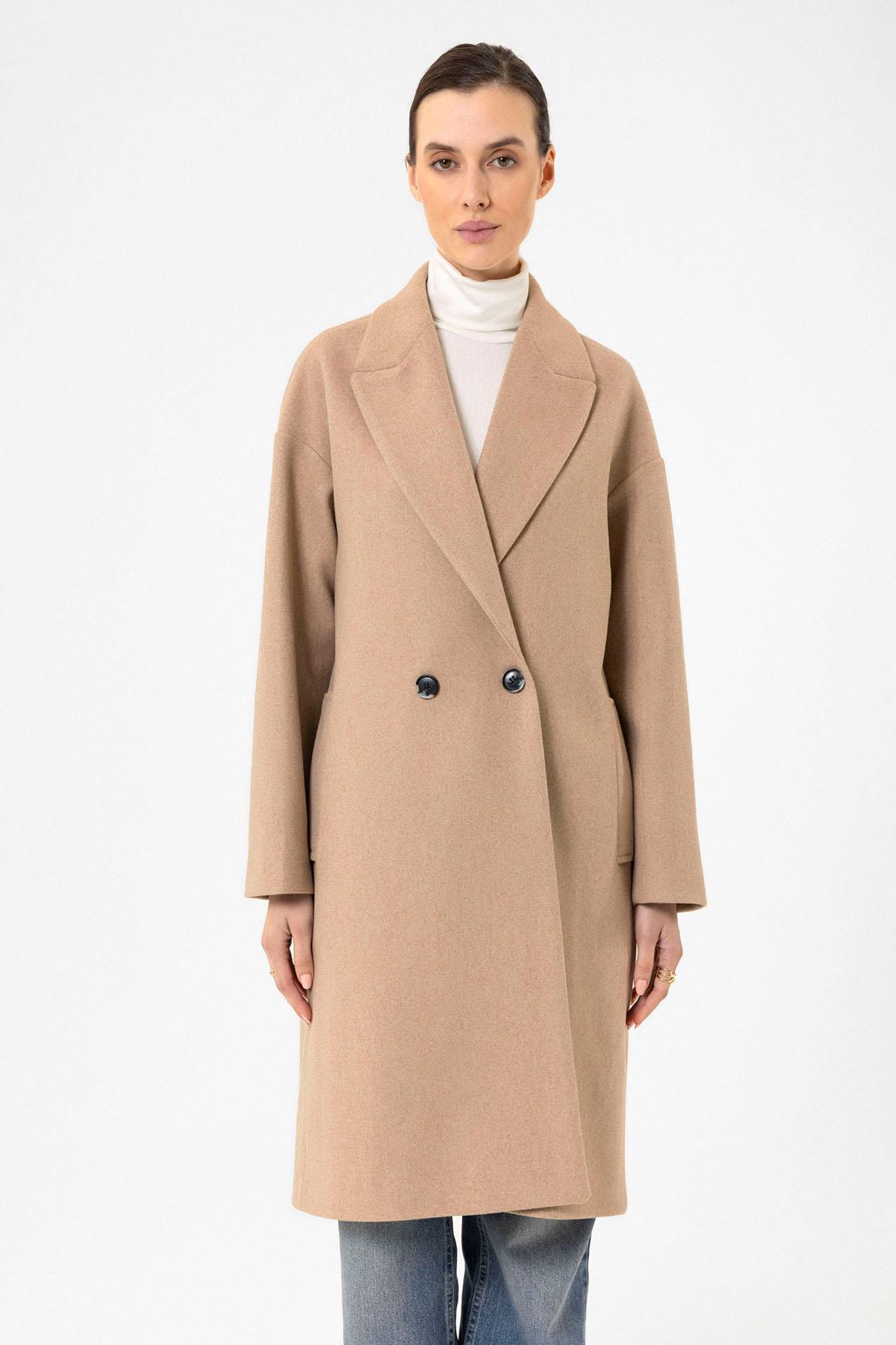 Antioch Bej Kadın Kruvaze Kapama Oversize Kaban