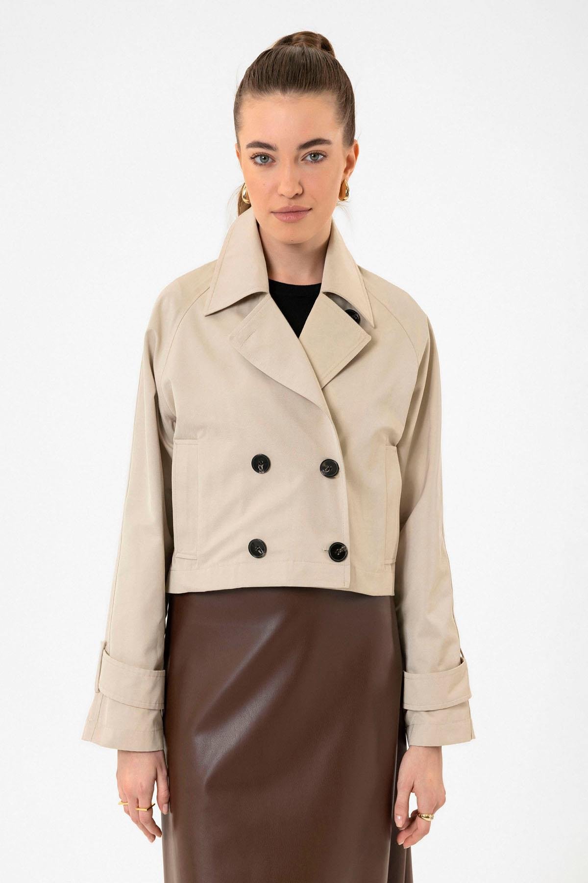 Antioch Bej Kadın Kruvaze Kısa Trençkot