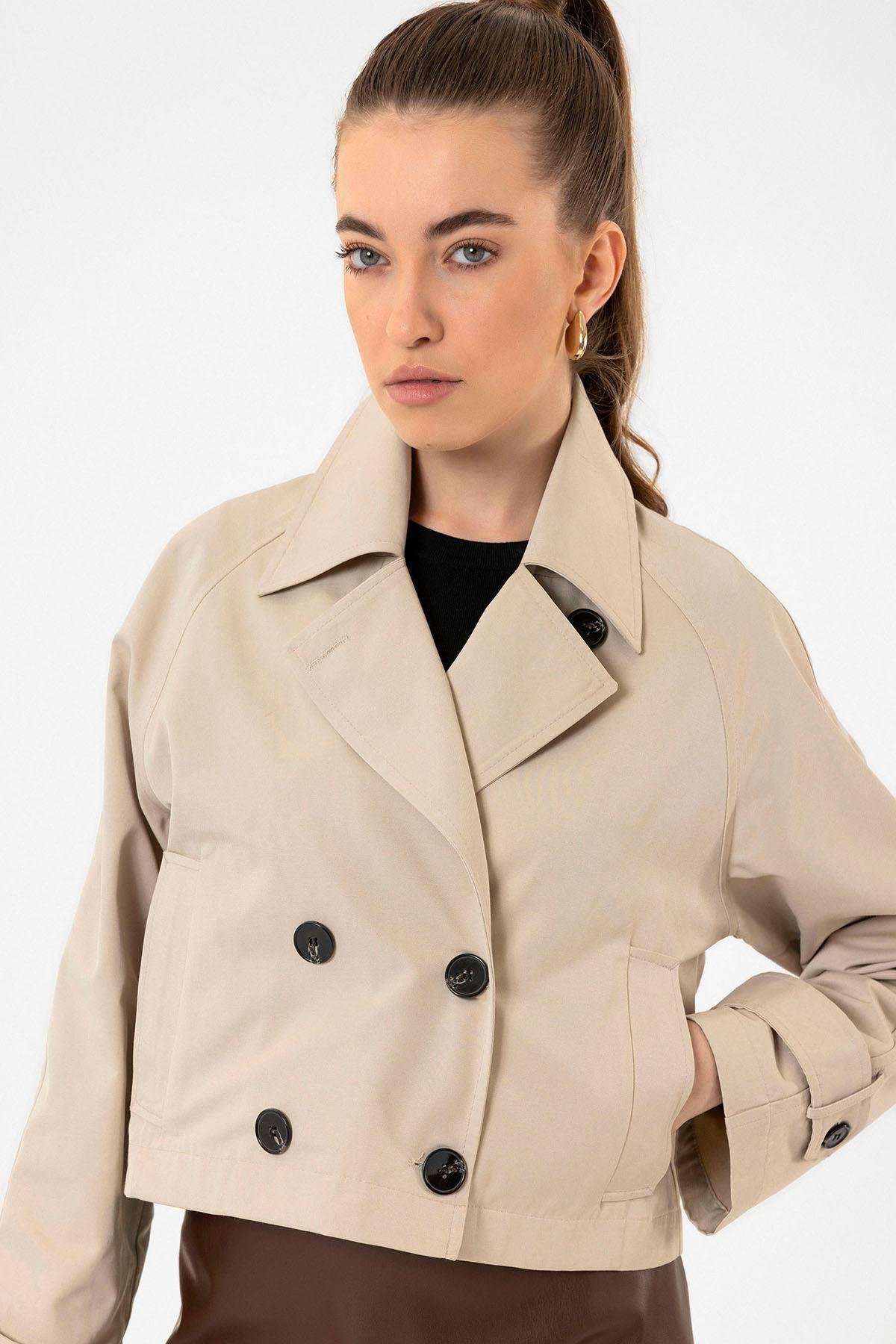 Antioch Bej Kadın Kruvaze Kısa Trençkot