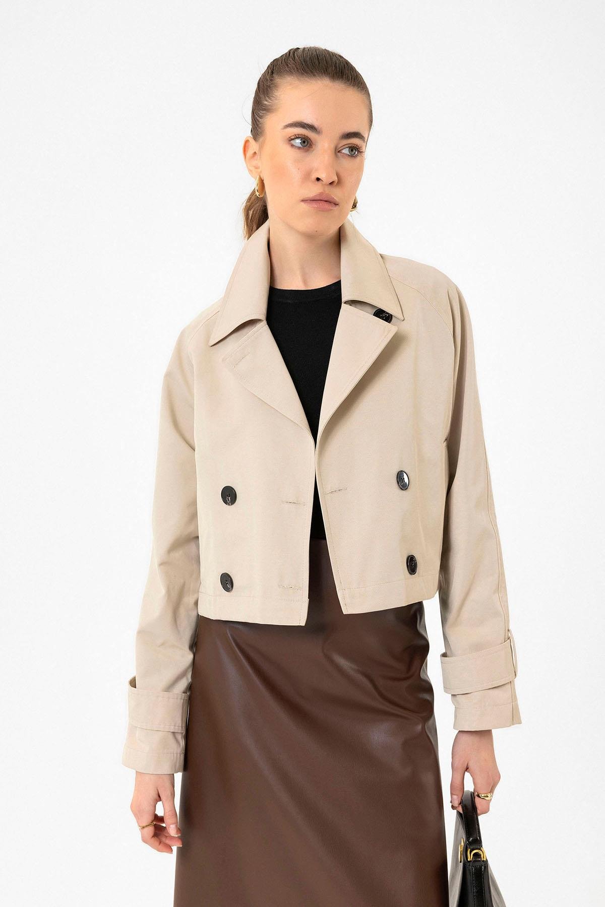 Antioch Bej Kadın Kruvaze Kısa Trençkot