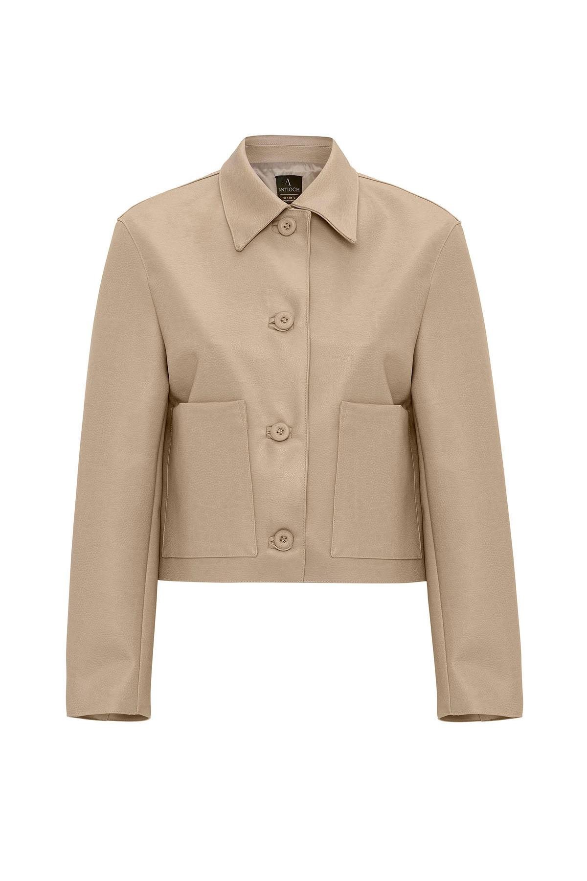 Antioch Bej Kadın Polo Yaka Suni Deri Ceket