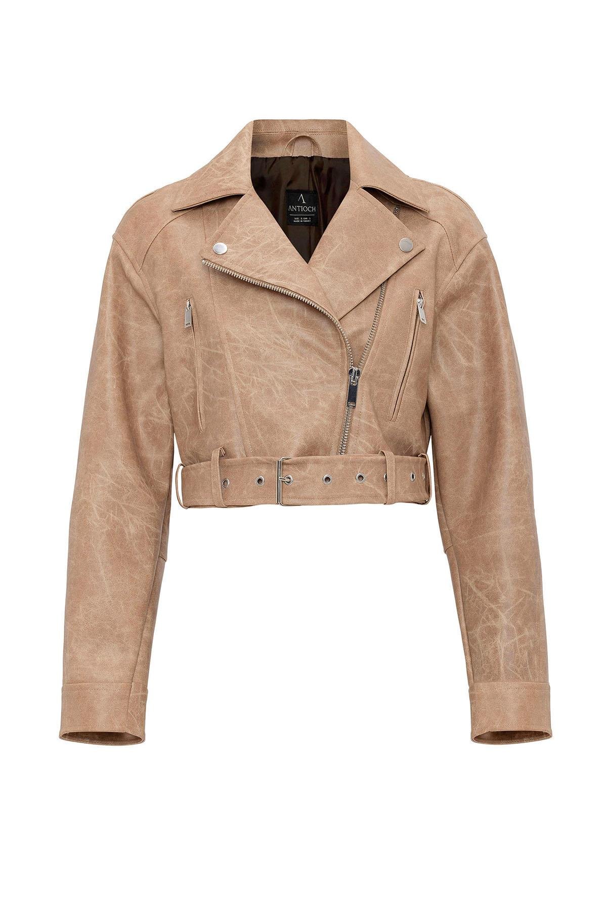 Antioch Bej Kadın Suni Deri Crop Biker Ceket