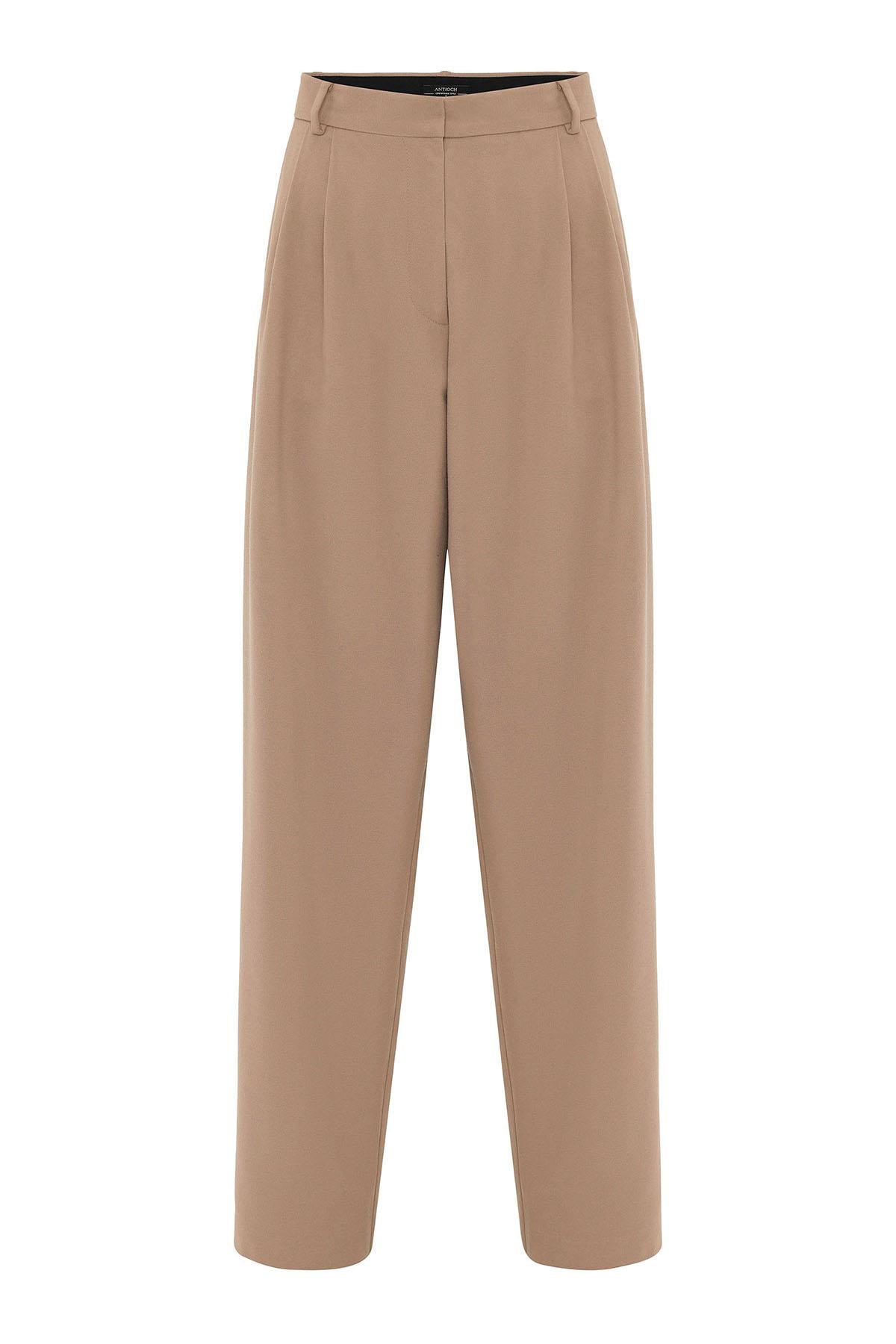 Antioch Bej Kadın Yüksek Bel Pens Detaylı Straight Fit Pantolon