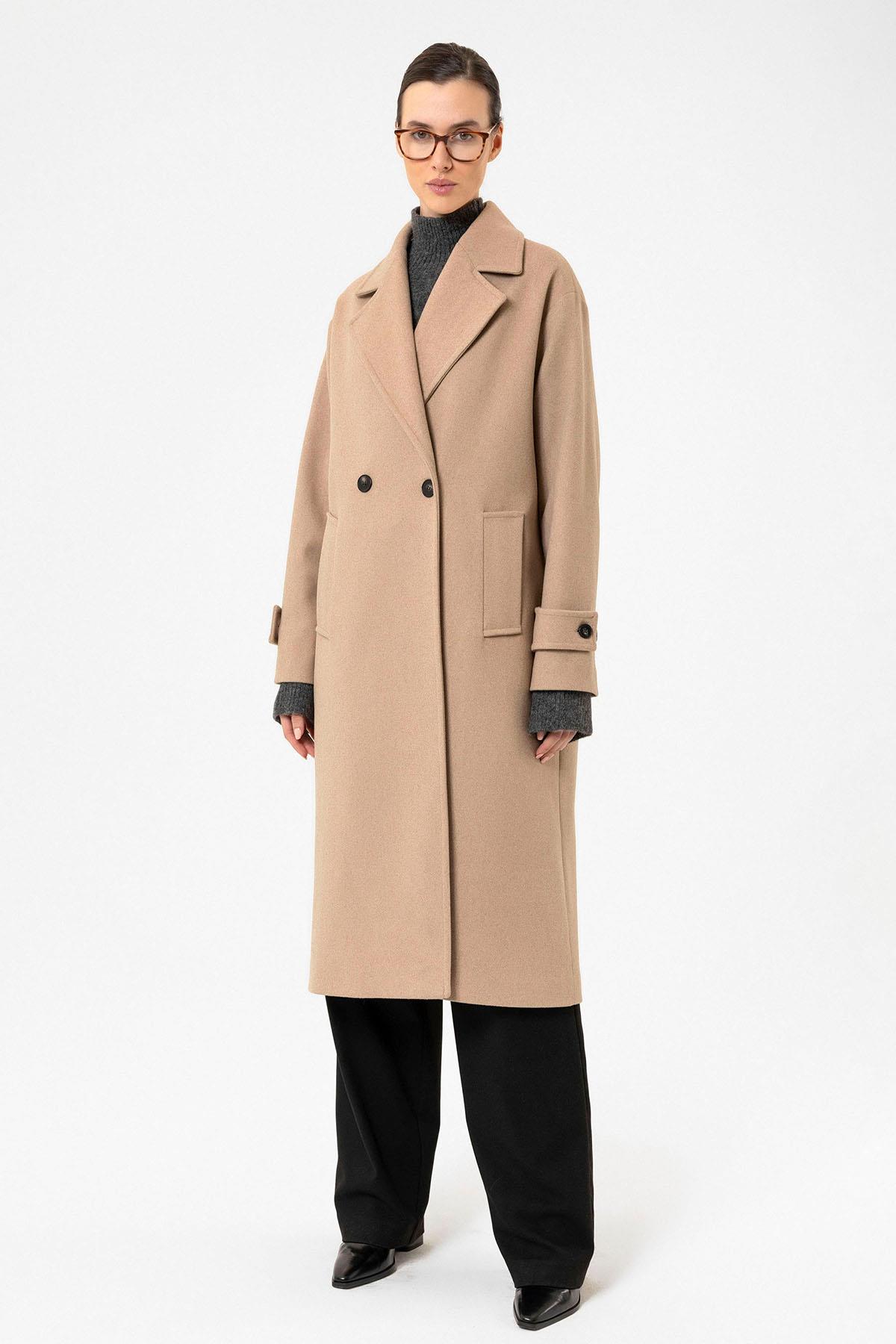 Antioch Bej Kadın Yumuşak Dokulu Oversize Kruvaze Kaban