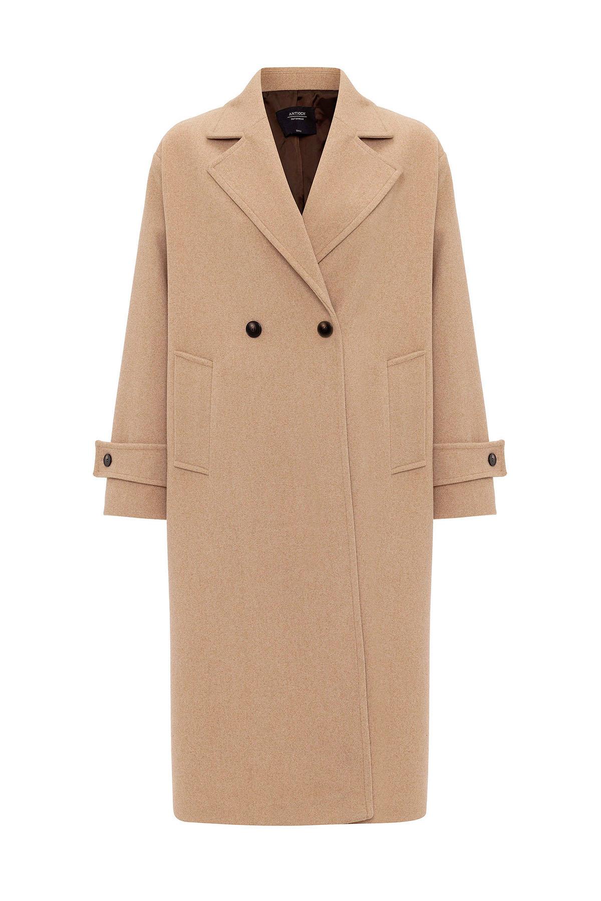 Antioch Bej Kadın Yumuşak Dokulu Oversize Kruvaze Kaban