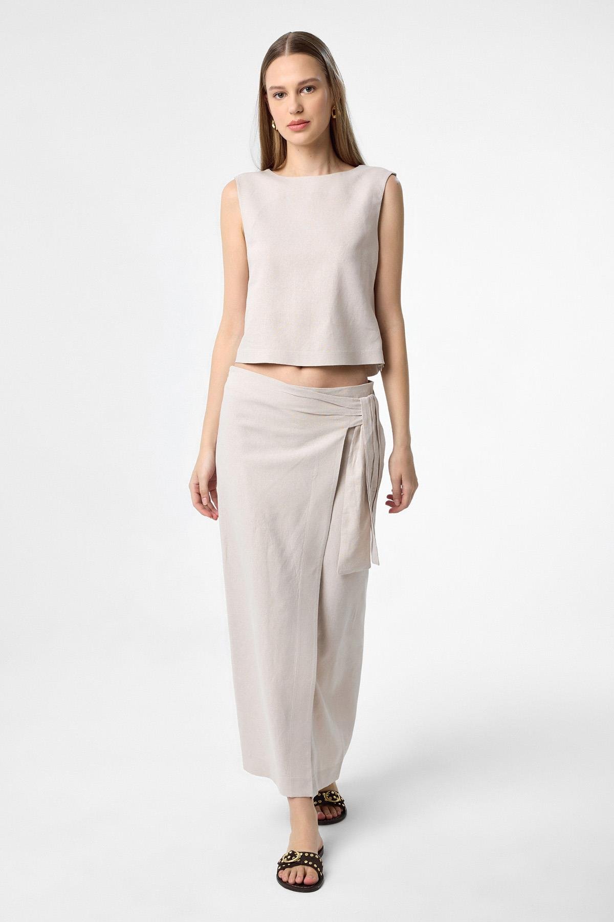 Antioch Bej Keten Karışımlı Kadın Bluz