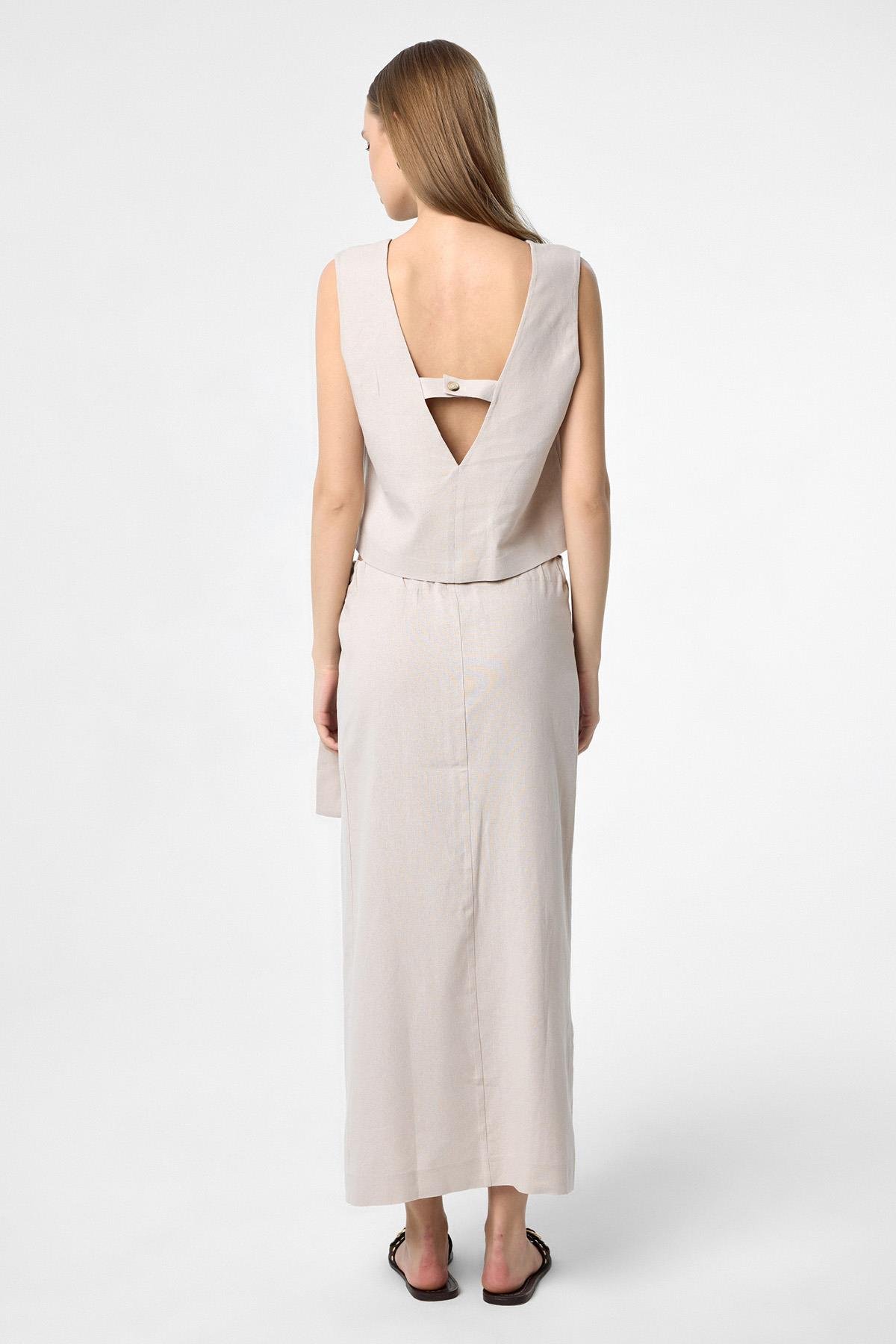 Antioch Bej Keten Karışımlı Kuşaklı Kadın Etek