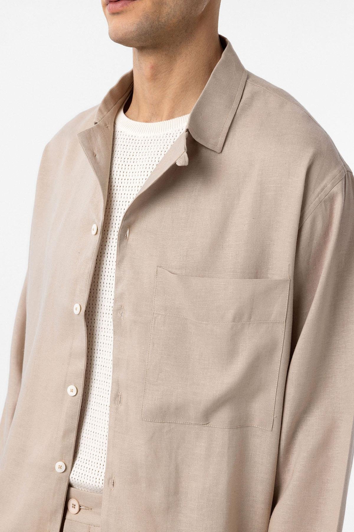 Antioch Bej Keten Karışımlı Relax Fit Erkek Gömlek