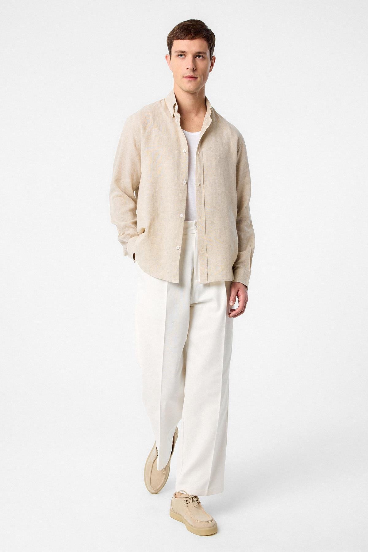 Antioch Bej Keten Karışımlı Yaka Düğmeli Erkek Gömlek