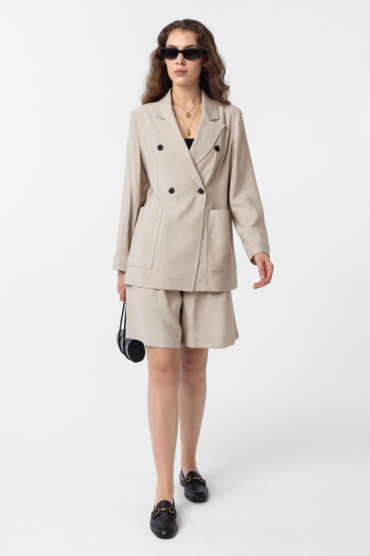 Antioch Bej Kruvaze Kadın Blazer Ceket