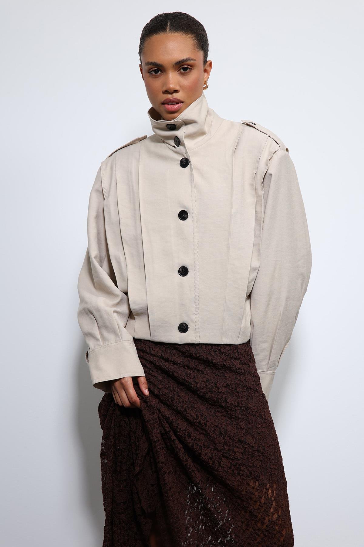 Antioch Bej Pile Detaylı Dik Yaka Mont