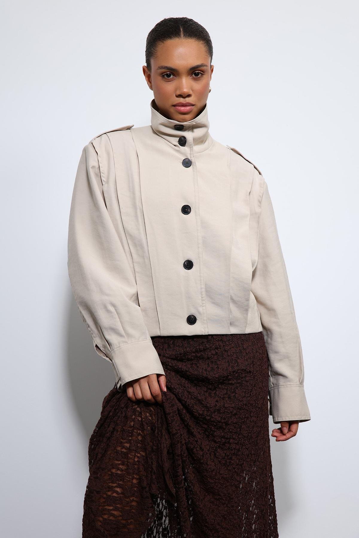 Antioch Bej Pile Detaylı Dik Yaka Mont