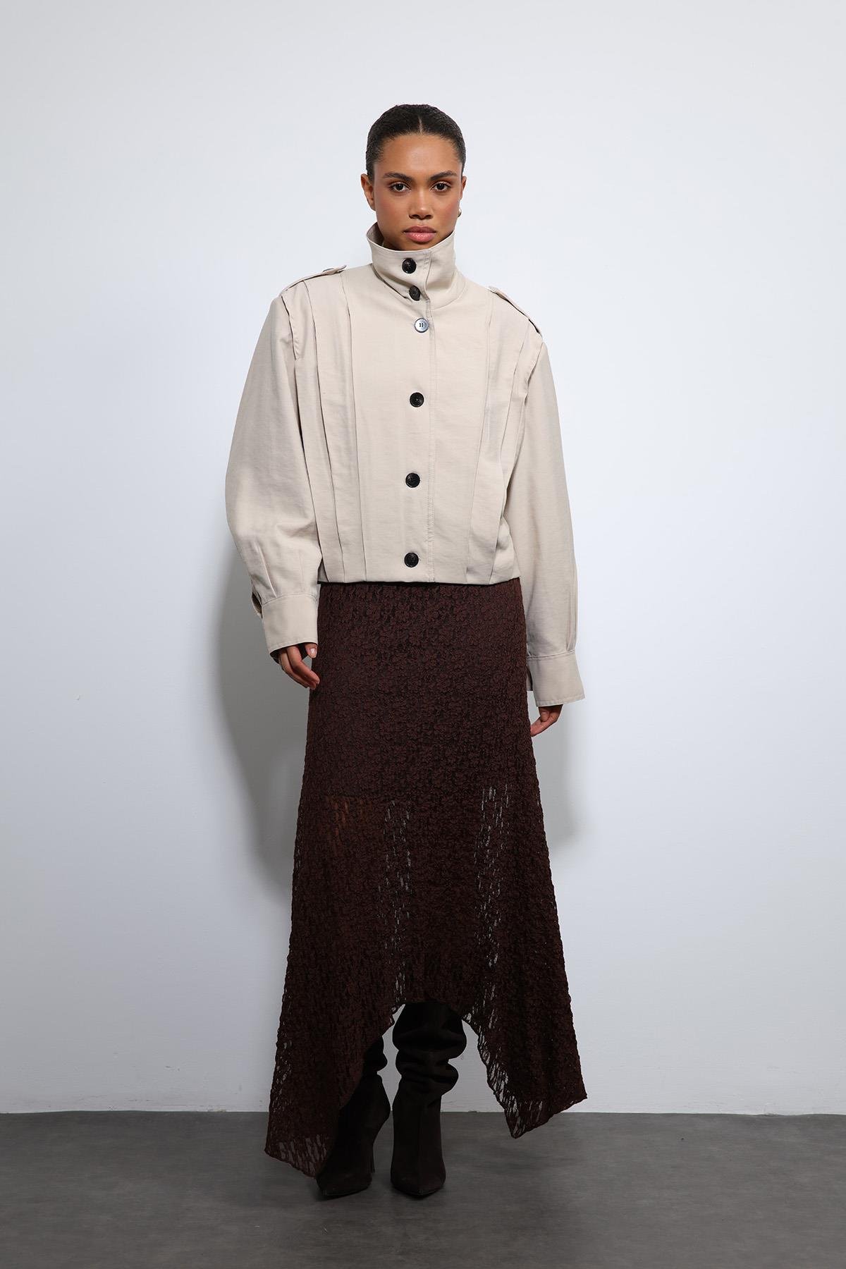 Antioch Bej Pile Detaylı Dik Yaka Mont