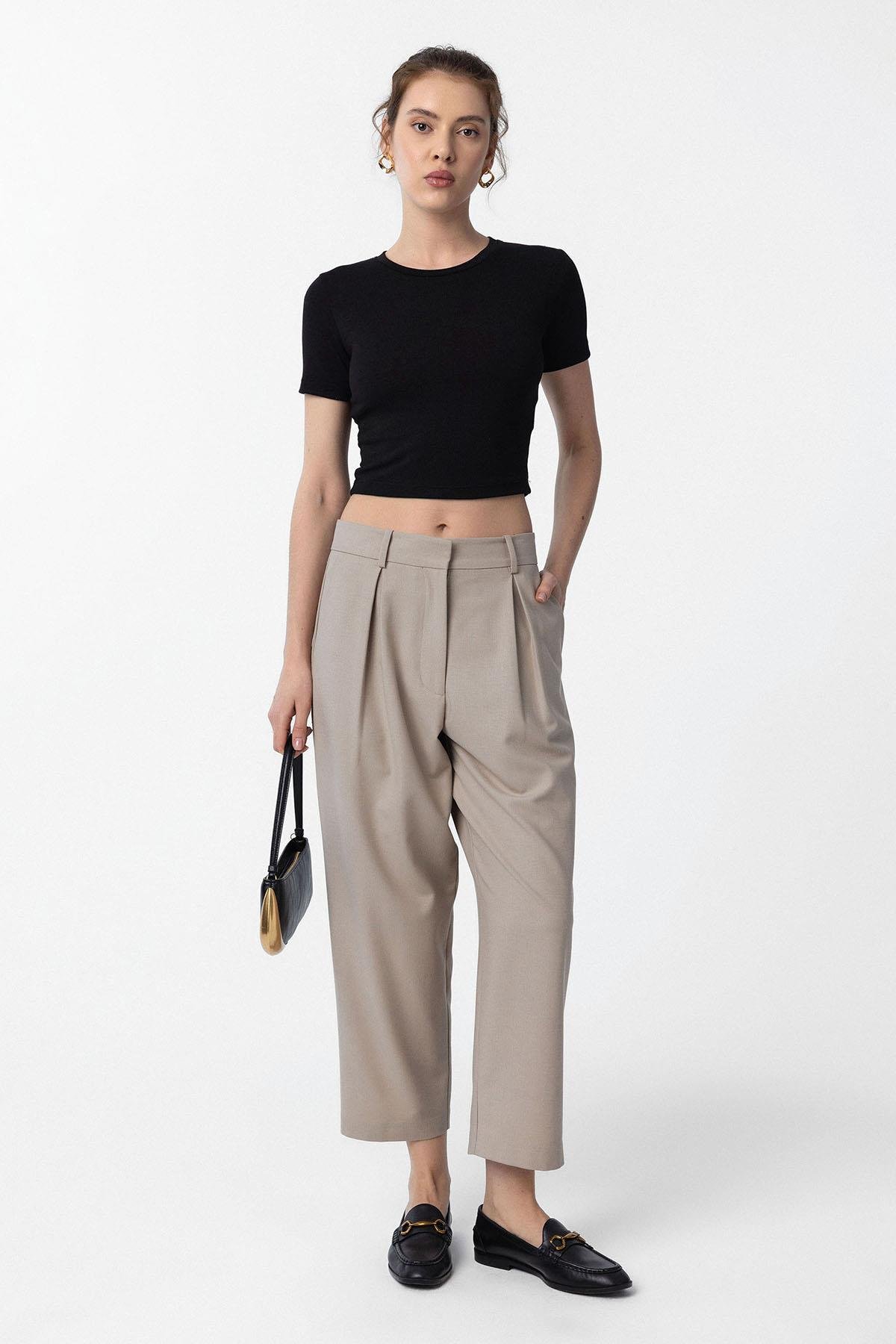 Antioch Bej Pilili Soft Bilek Boyu Kadın Pantolon