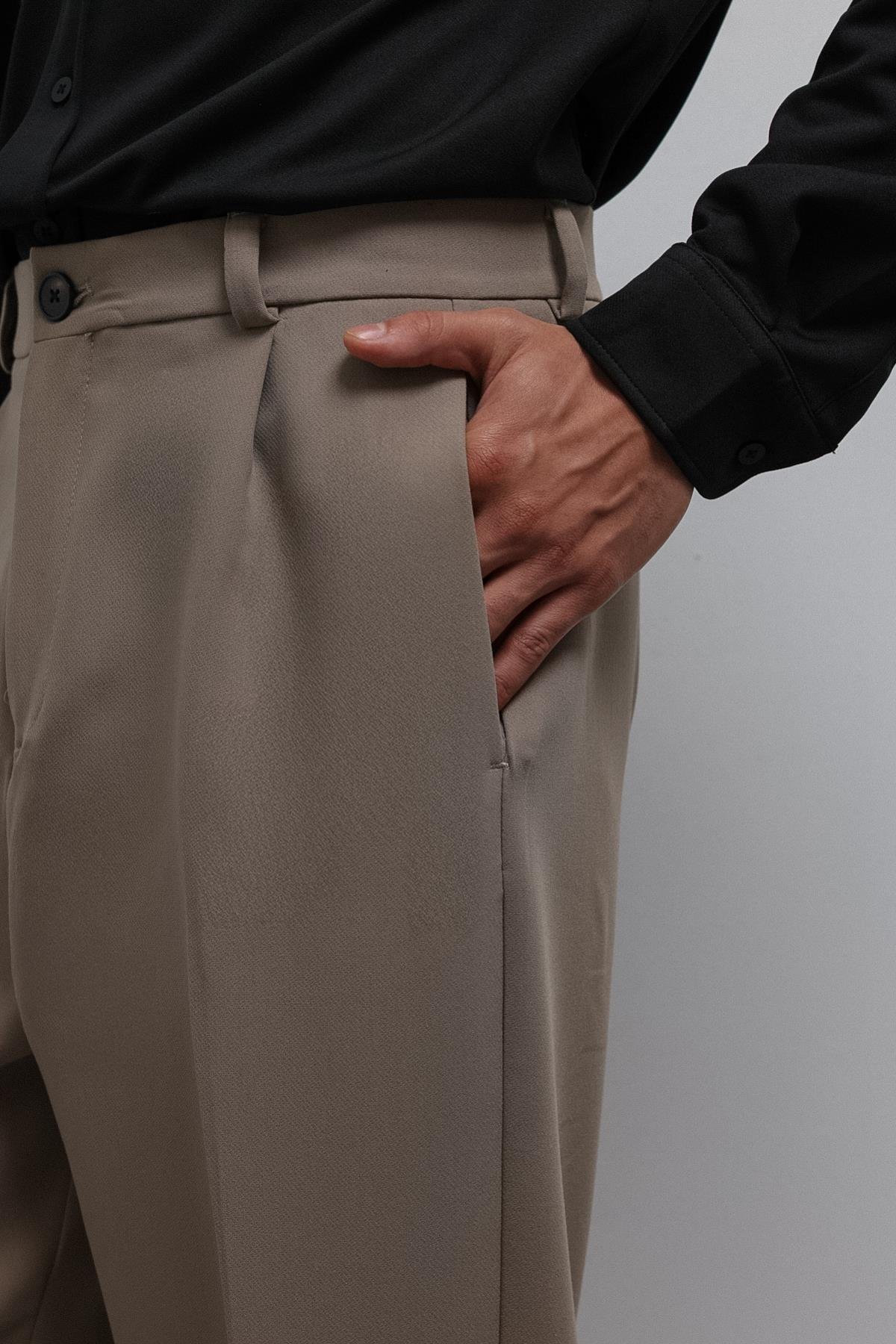 Antioch Bej Relax Fit Baggy Pilili Erkek Pantolon