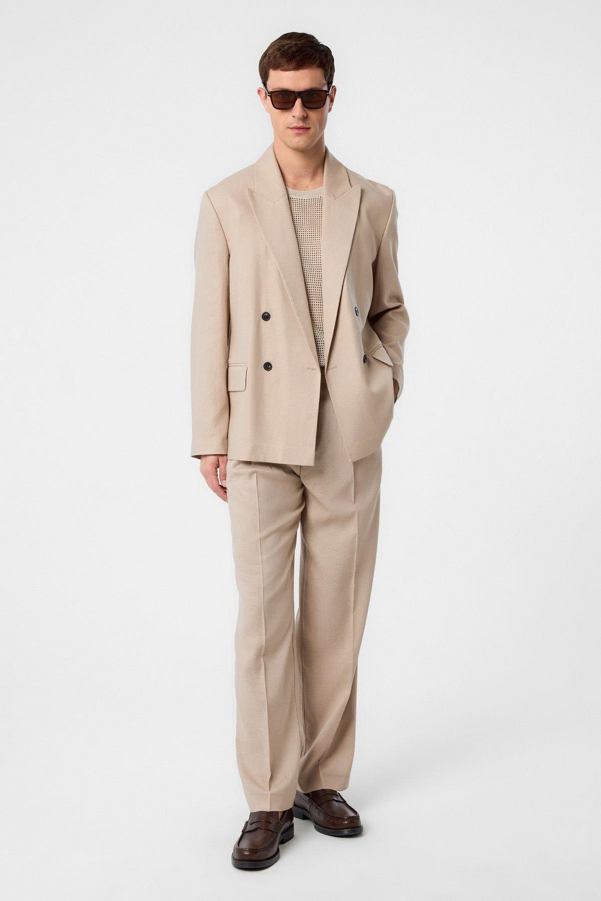 Antioch Bej Relax Fit Keten Karışımlı Erkek Blazer Ceket