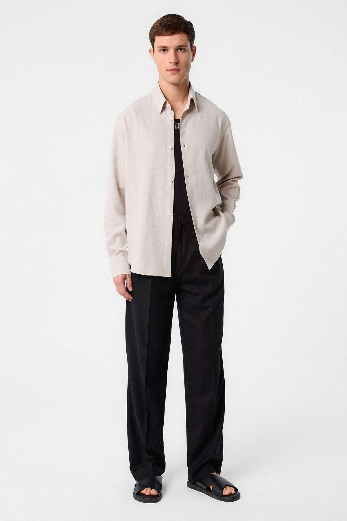 Antioch Bej Relax Fit Keten Karışımlı Erkek Gömlek