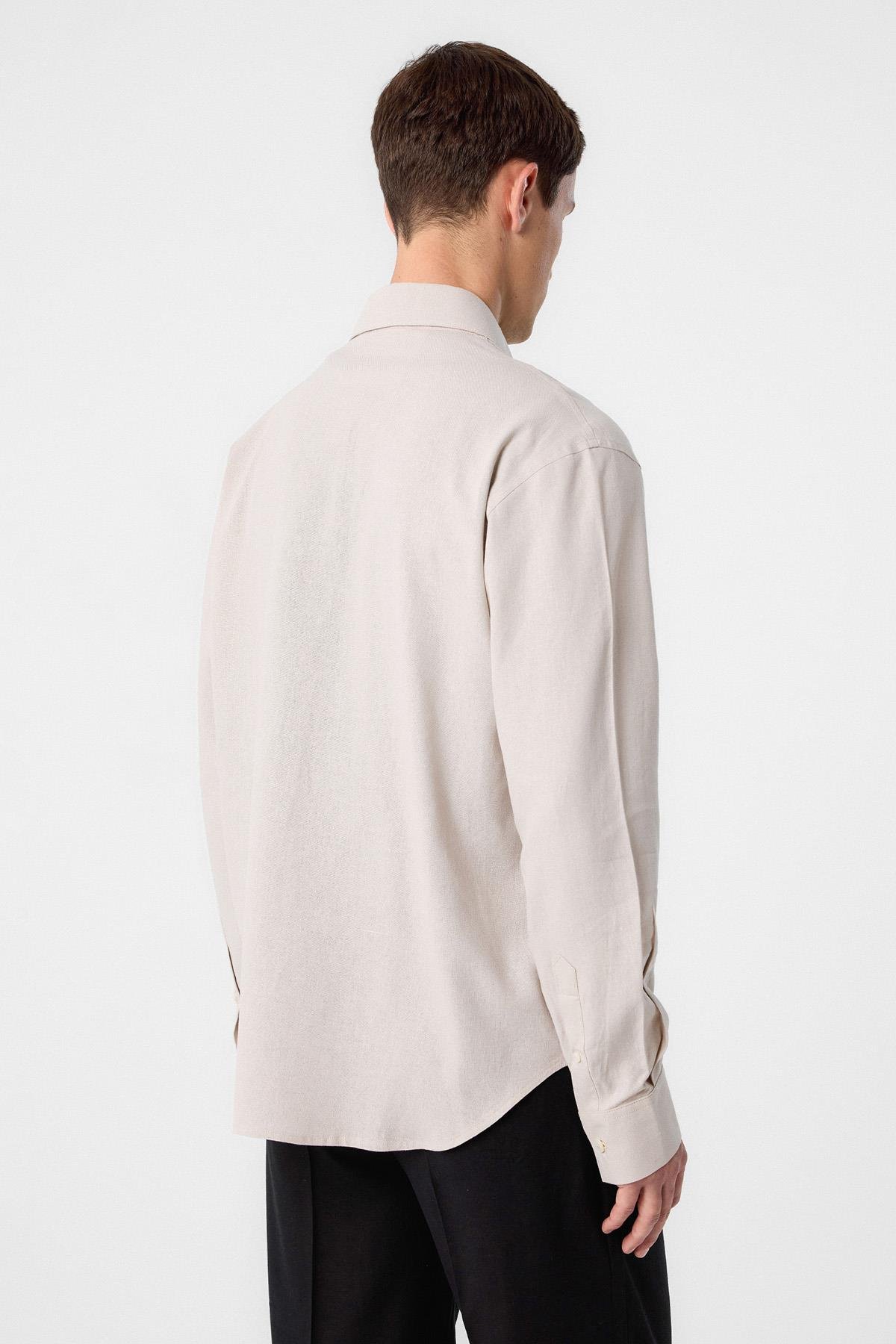 Antioch Bej Relax Fit Keten Karışımlı Erkek Gömlek