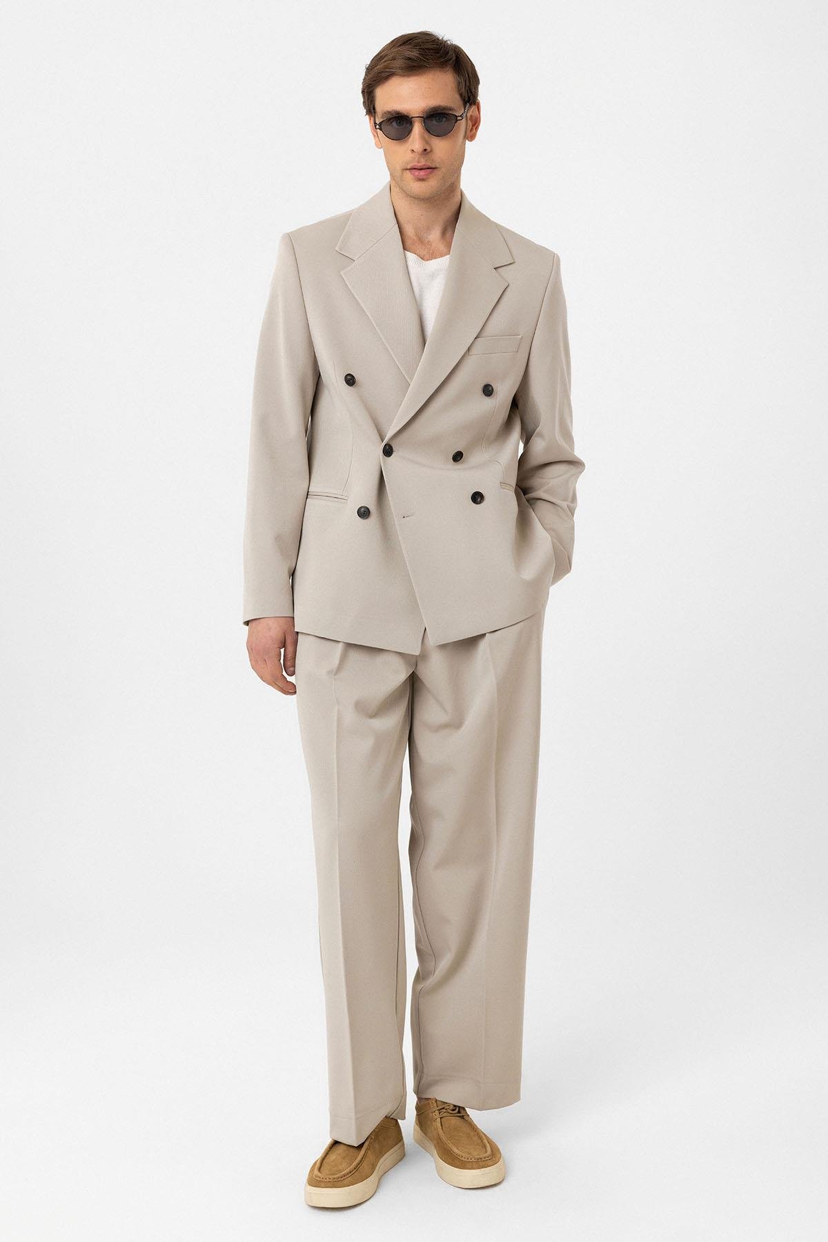 Antioch Bej Relax Fit Kruvaze Erkek Blazer Ceket