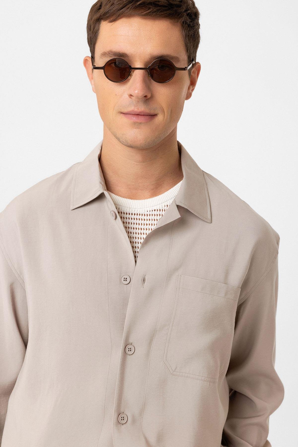 Antioch Bej Relax Fit Modal Kumaş Erkek Gömlek