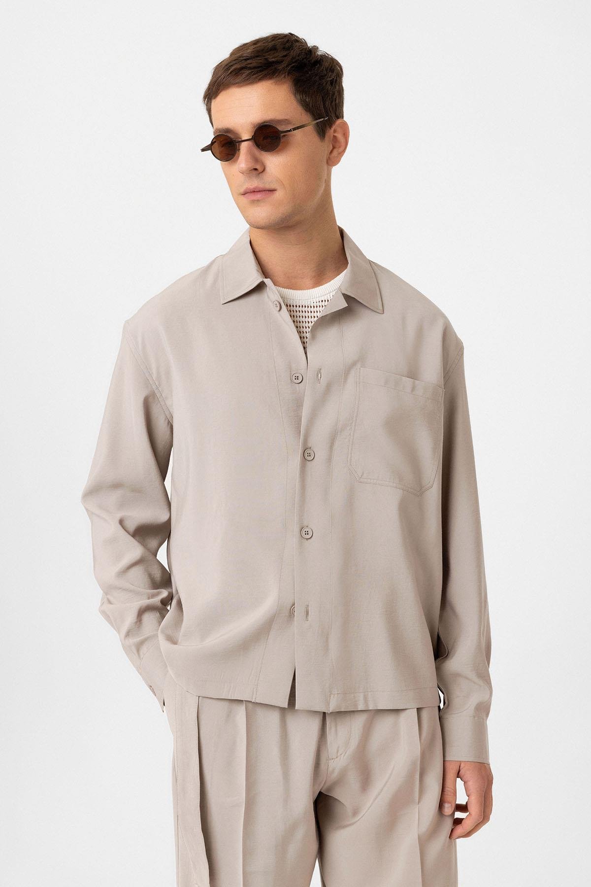 Antioch Bej Relax Fit Modal Kumaş Erkek Gömlek