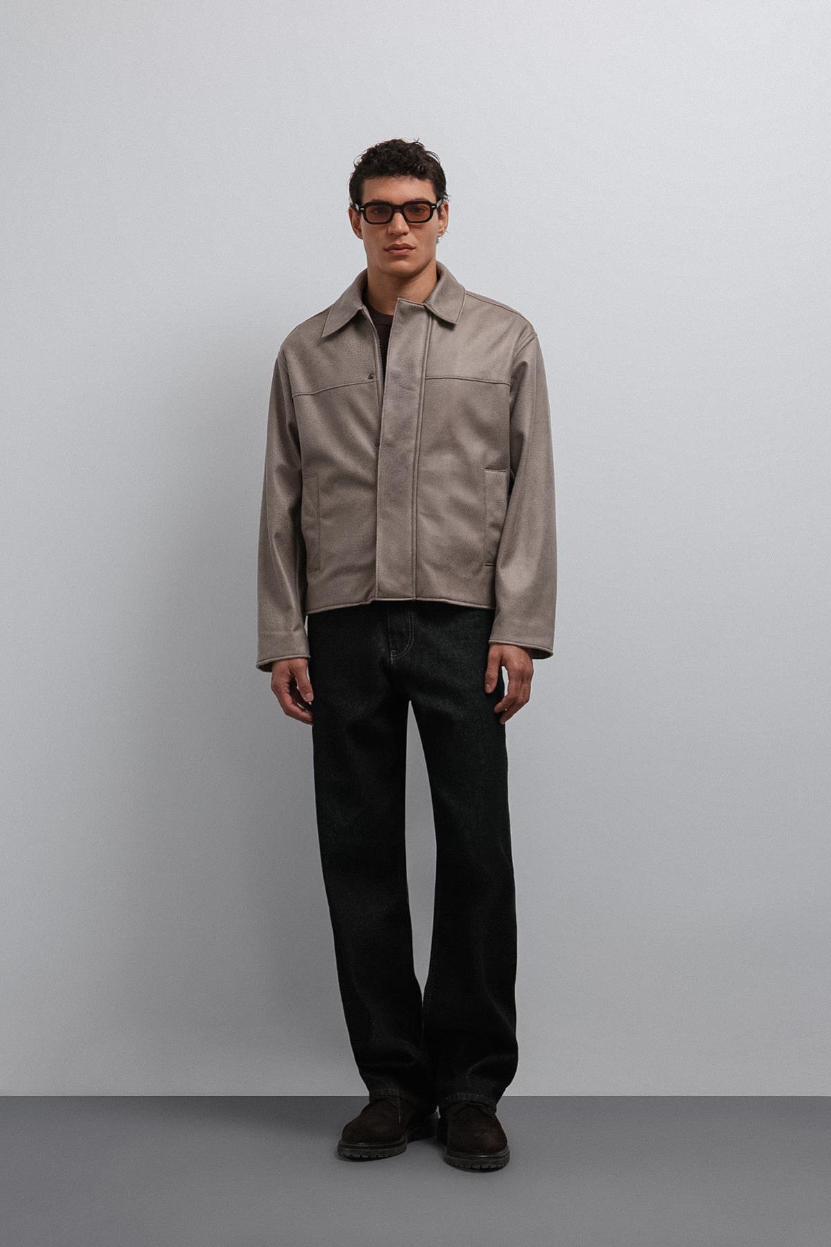 Antioch Bej Relax Fit Suni Deri Erkek Mont