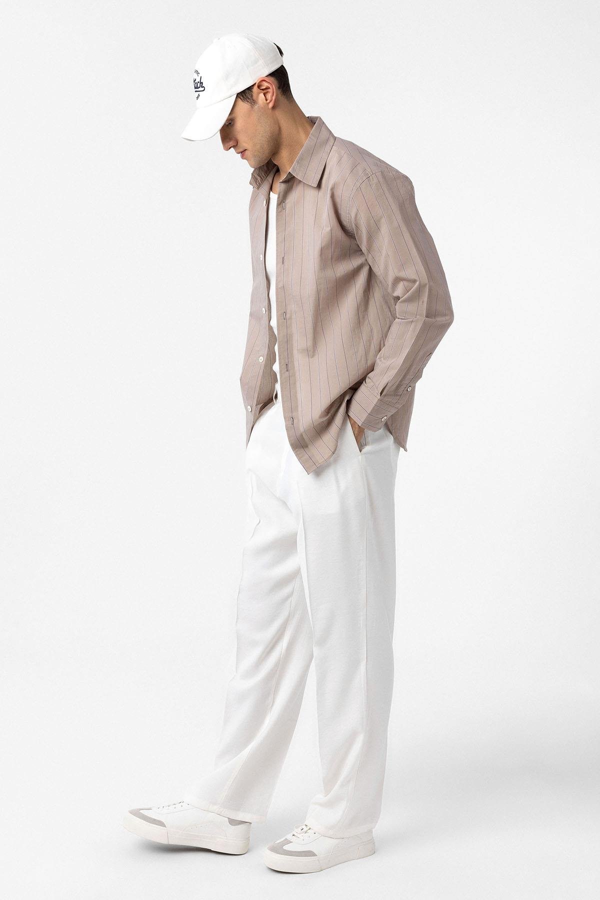 Antioch Bej Relaxed Çizgili Erkek Gömlek