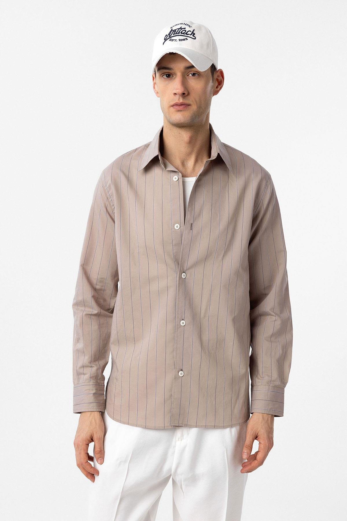 Antioch Bej Relaxed Çizgili Erkek Gömlek