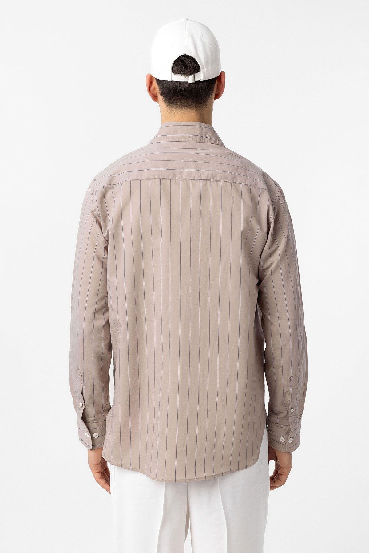 Antioch Bej Relaxed Çizgili Erkek Gömlek