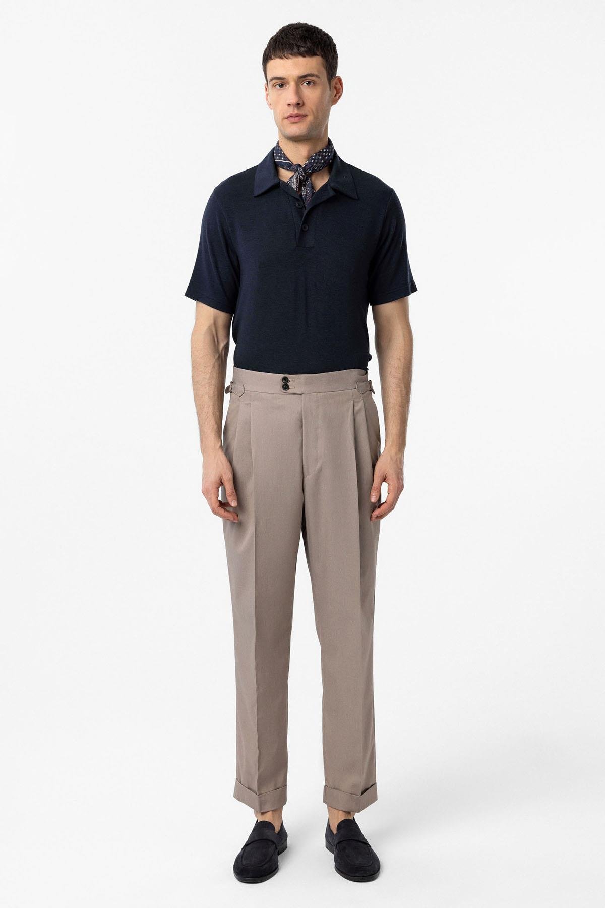 Antioch Bej Yüksek Bel İtalyan Kalıp Pileli Erkek Pantolon