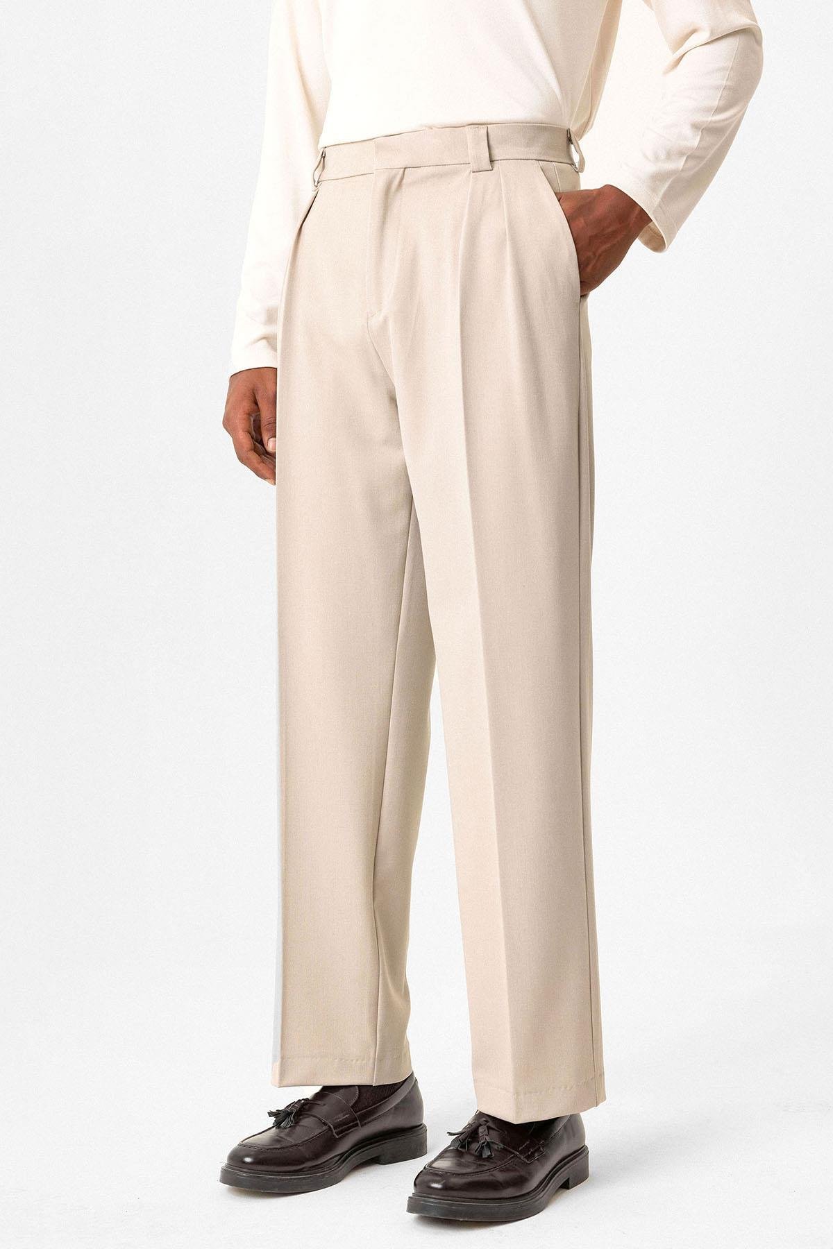 Antioch Bej Yüksek Bel Pileli Relaxed Fit Baggy Erkek Pantolon