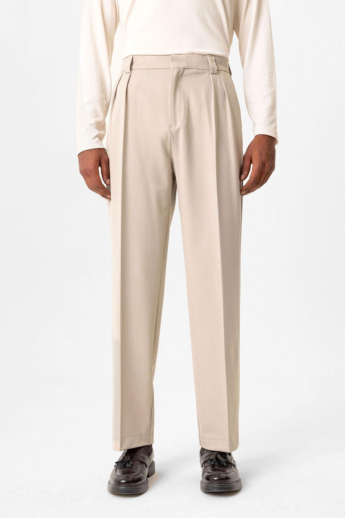 Antioch Bej Yüksek Bel Pileli Relaxed Fit Baggy Erkek Pantolon