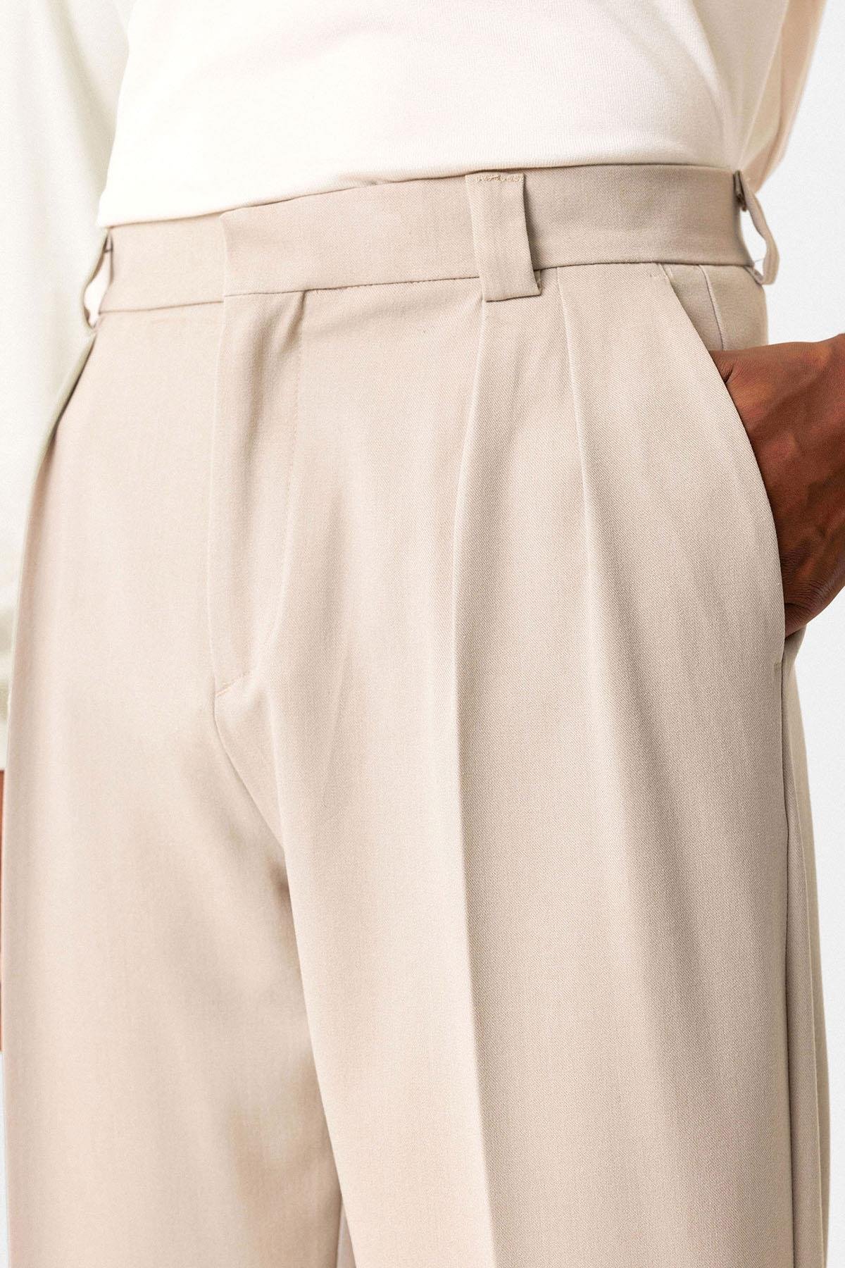 Antioch Bej Yüksek Bel Pileli Relaxed Fit Baggy Erkek Pantolon