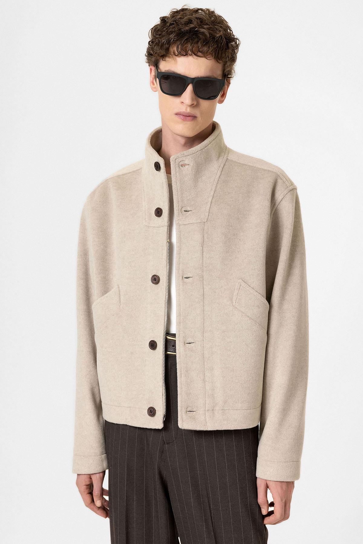 Antioch Bej Yün Karışımlı Dik Yaka Erkek Mont