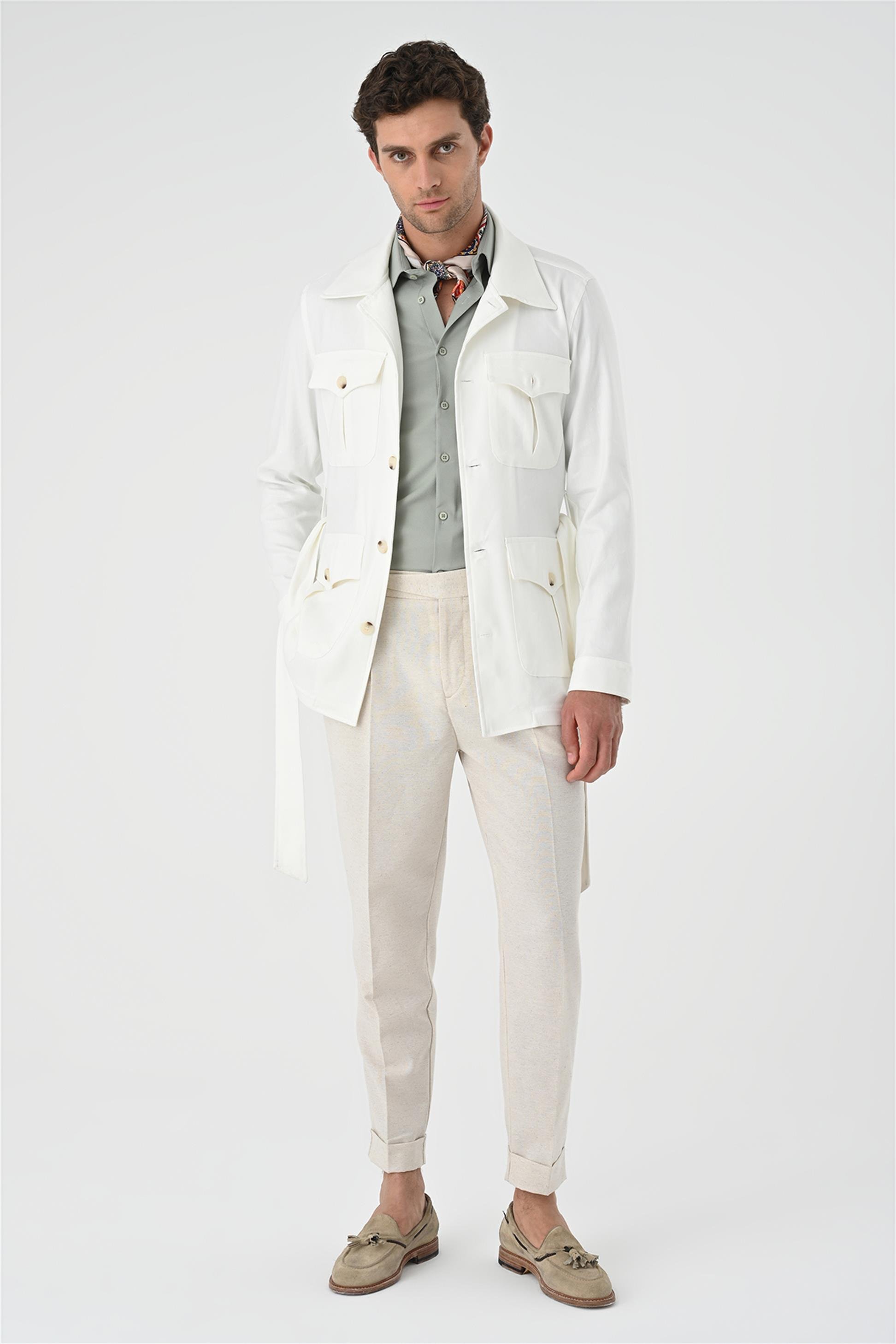 Antioch Men Ekru Beli Kuşaklı Erkek Mevsimlik Keten Mont