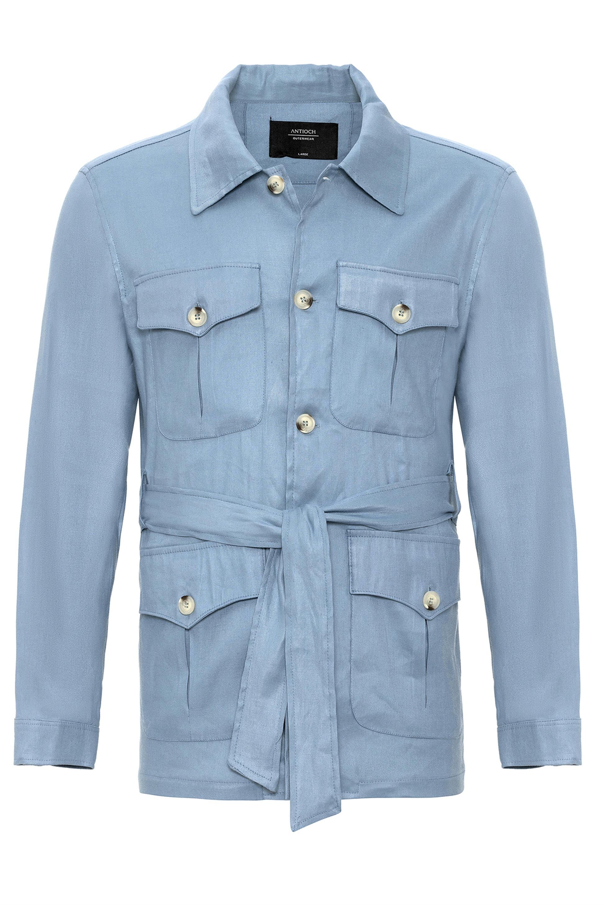 Antioch Mavi Beli Kuşaklı Erkek Mevsimlik Keten Mont