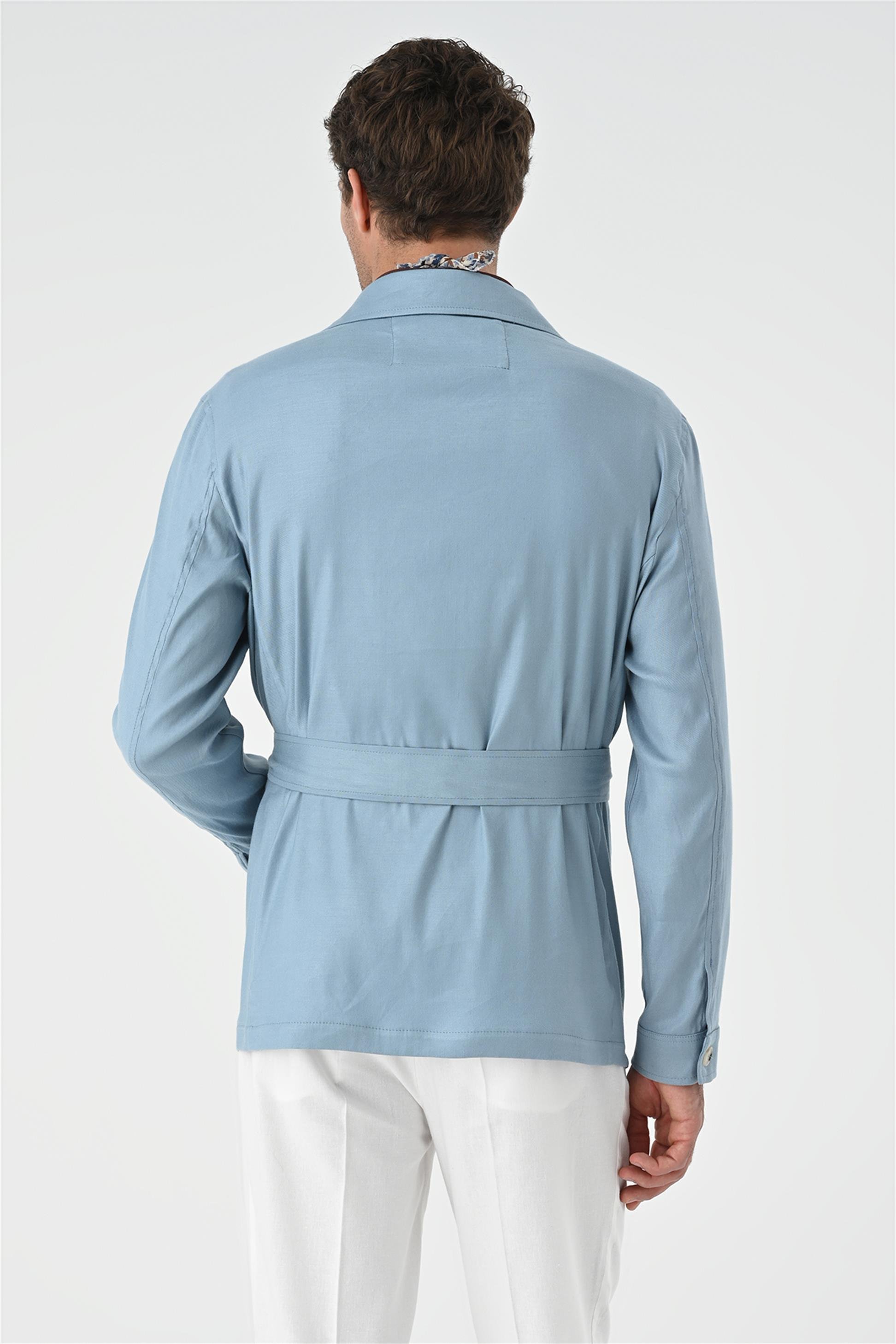 Antioch Men Mavi Beli Kuşaklı Erkek Mevsimlik Keten Mont